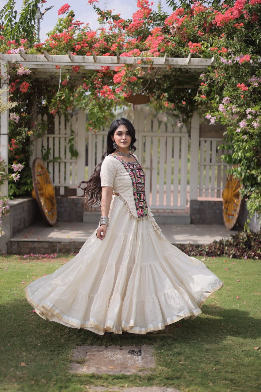 Off-White Kora Cotton Tiered Flared Lehenga Choli Set with Kutchi Embroidered Blouse