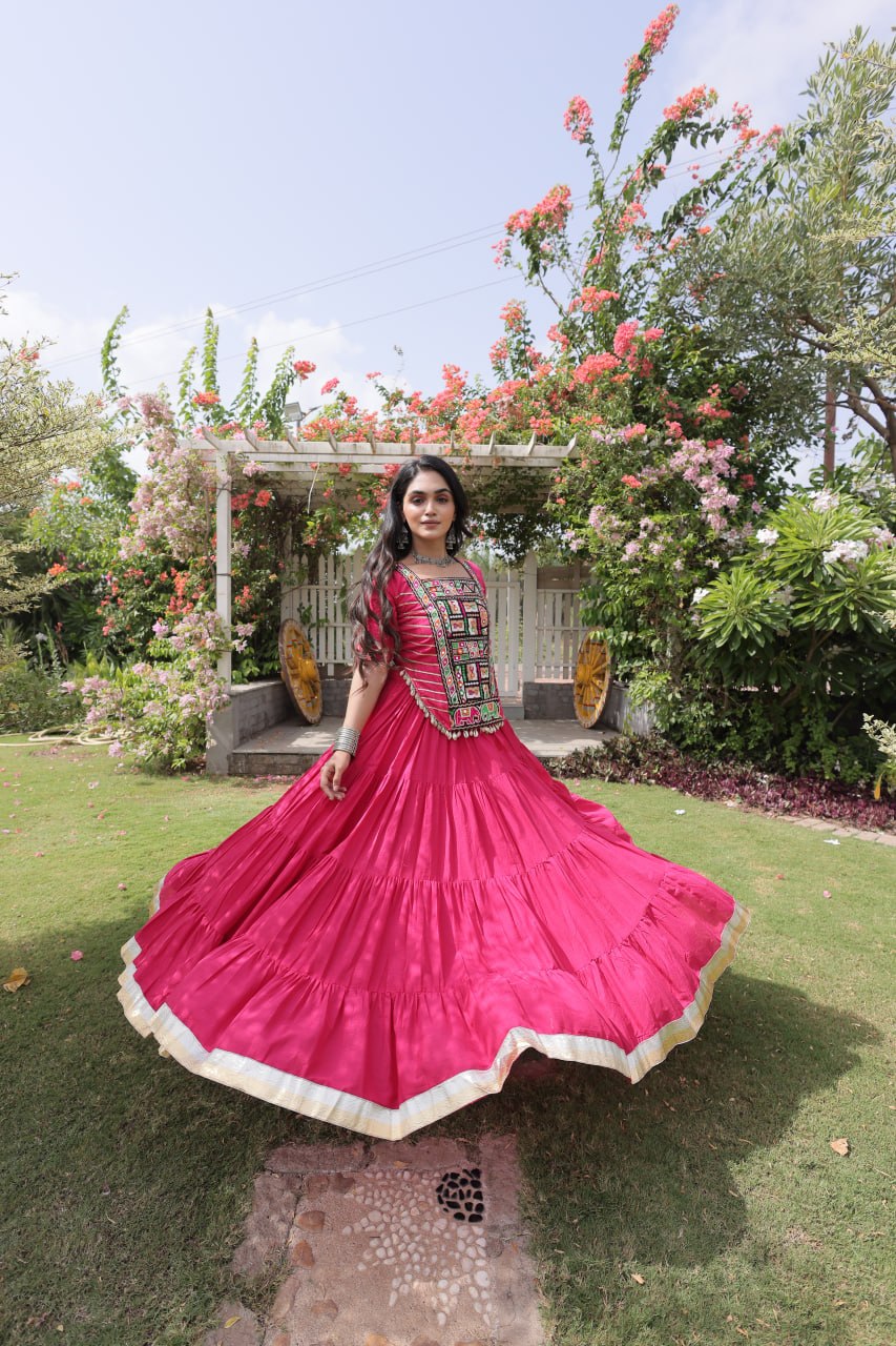 Rani Pink Kora Cotton Tiered Flared Lehenga Choli Set with Kutchi Embroidered Blouse