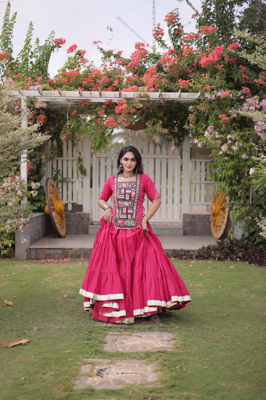 Rani Pink Kora Cotton Tiered Flared Lehenga Choli Set with Kutchi Embroidered Blouse