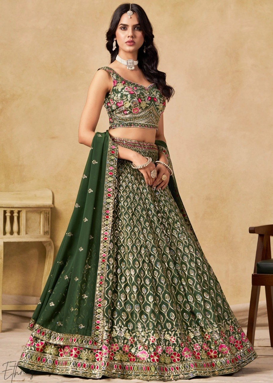 Emerald Dark Green Georgette Flared Lehenga Choli Set with Rich Zari Leaf Jaal, Multi-Color Floral Resham Thread & Sequins Embroidery, Sleeveless Sweetheart Blouse & Matching Dupatta