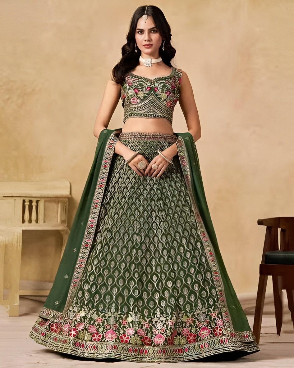 Emerald Dark Green Georgette Flared Lehenga Choli Set with Rich Zari Leaf Jaal, Multi-Color Floral Resham Thread & Sequins Embroidery, Sleeveless Sweetheart Blouse & Matching Dupatta