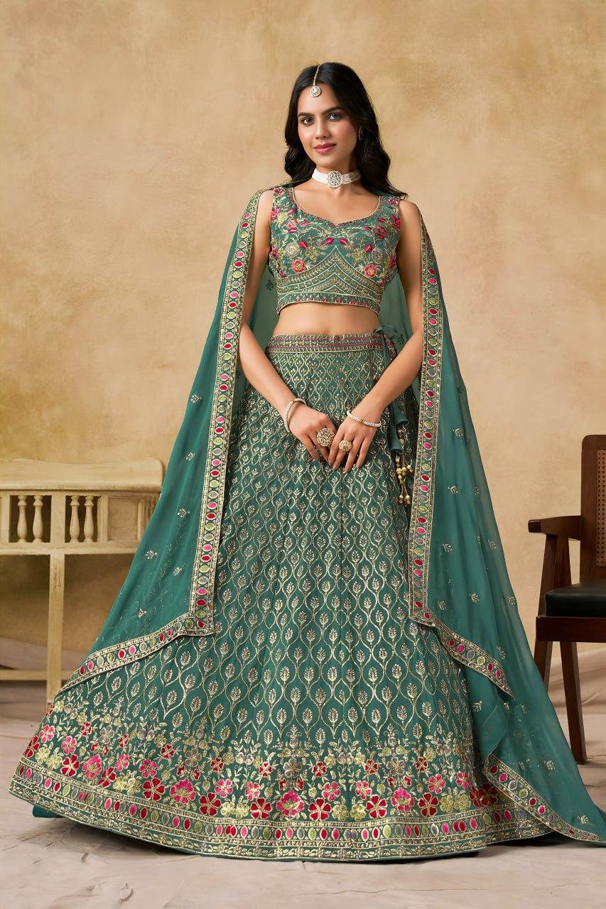 Teal Sea Green Georgette Flared Lehenga Choli Set with Rich Zari Leaf Jaal, Multi-Color Floral Thread & Sequins Embroidery, Sleeveless Sweetheart Blouse & Matching Dupatta