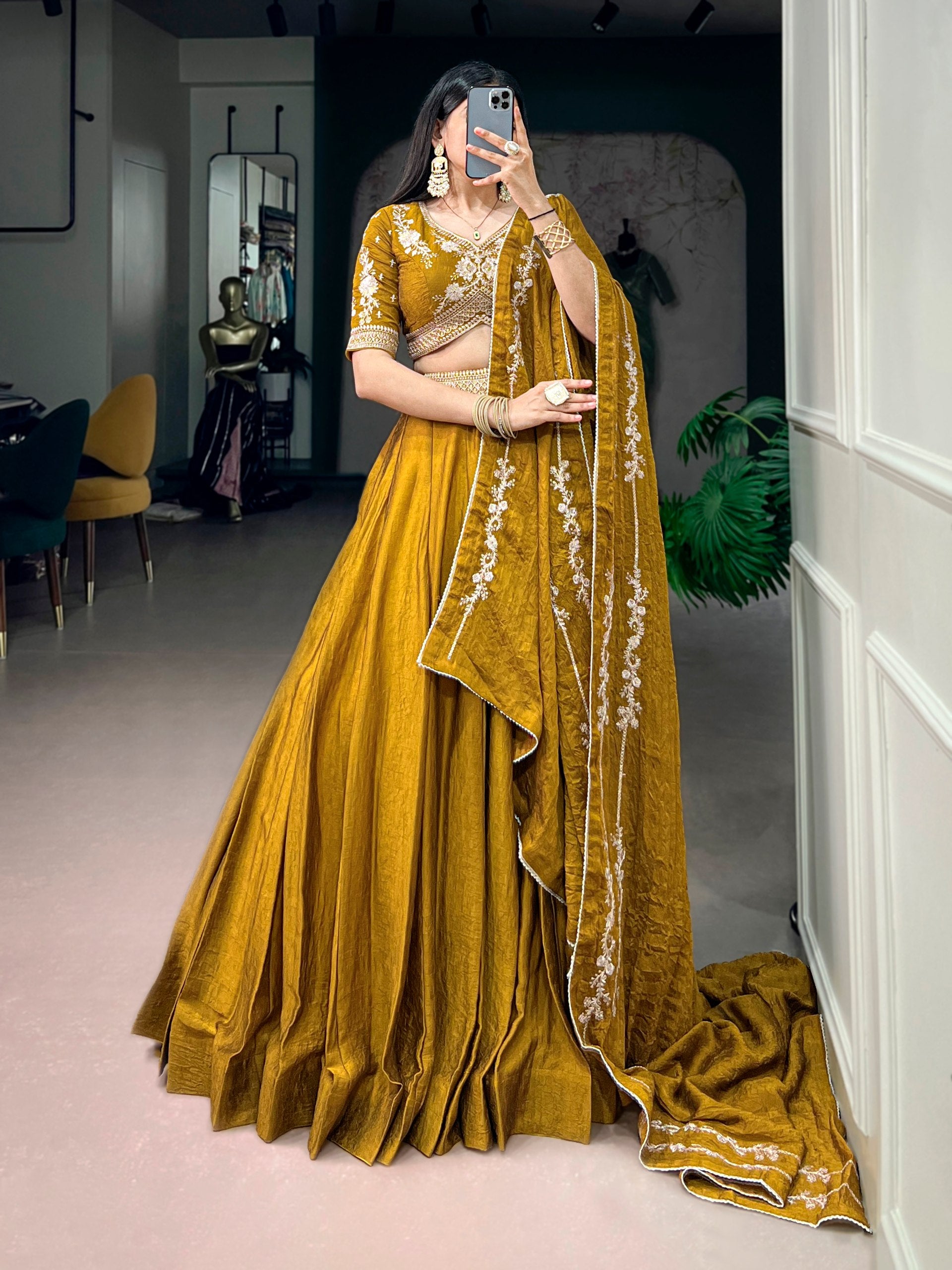 Mustard Yellow Rangoli Crush Flared Lehenga Choli Set with Embroidered Sequins Belt Detailing, Heavy Work Blouse & Floral Embroidered Dupatta