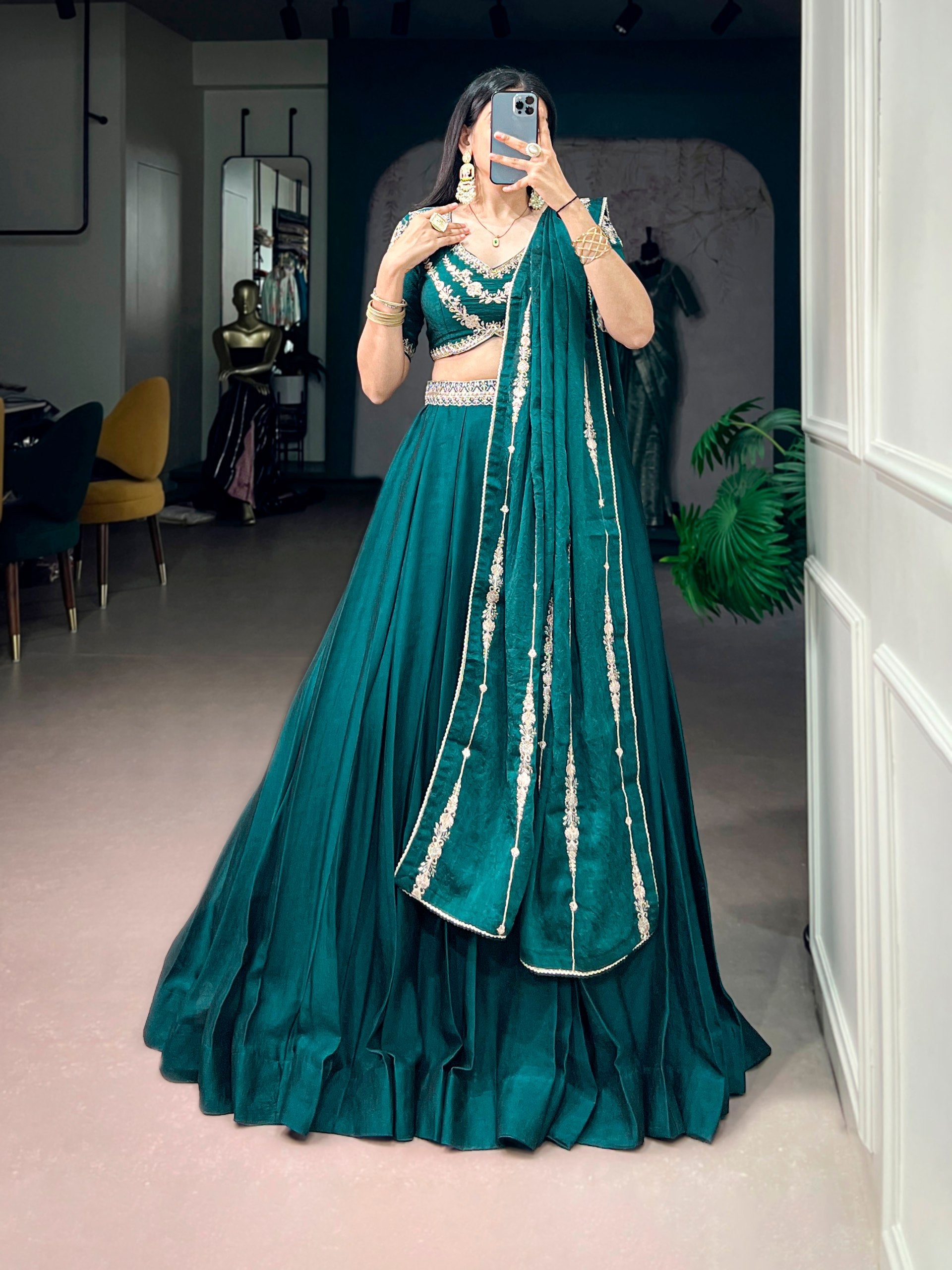 Peacock Teal Green Rangoli Crush Flared Lehenga Choli Set with Embroidered Sequins Belt Detailing, Heavy Work Blouse & Floral Embroidered Dupatta