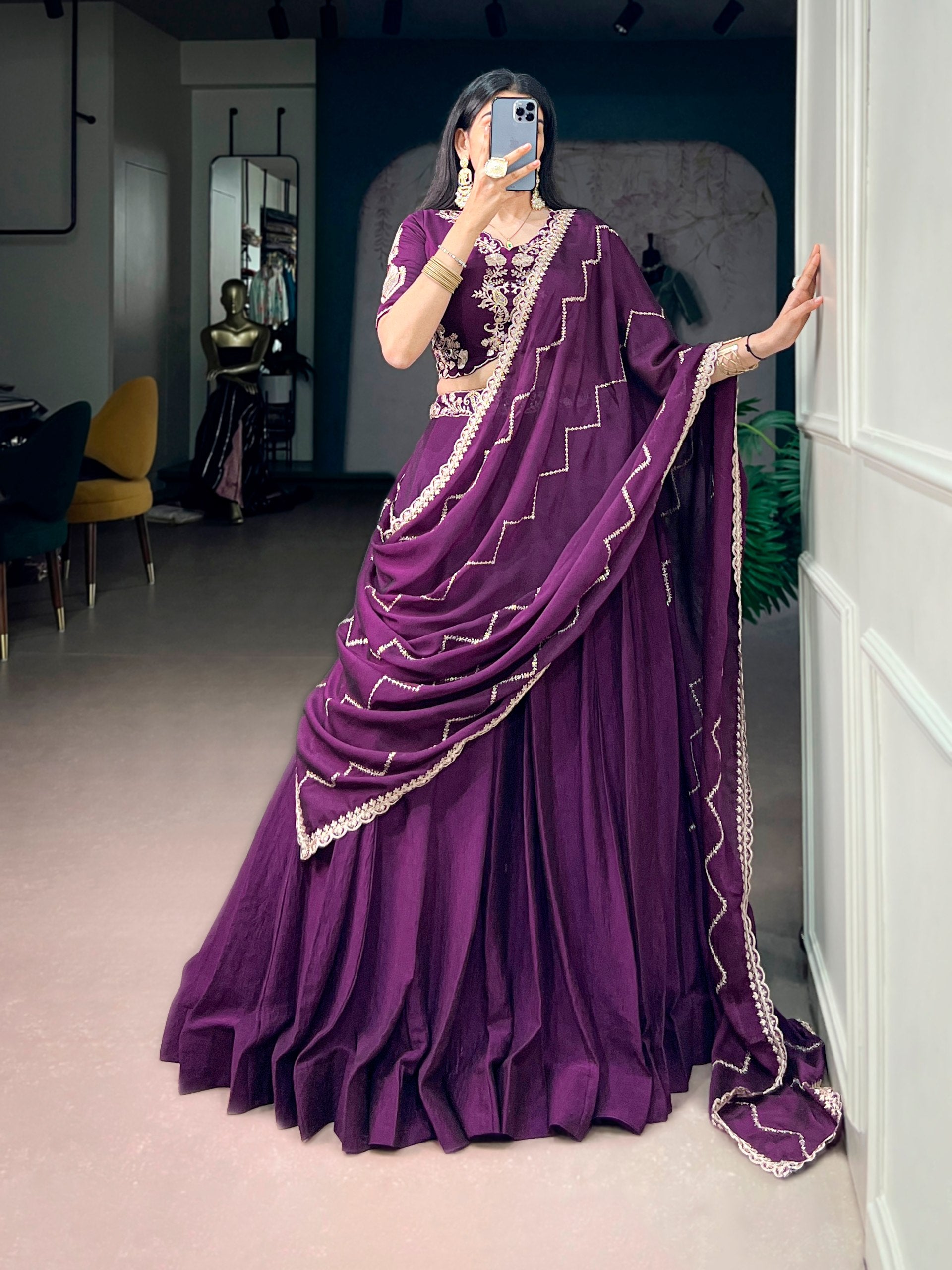 Eggplant Purple Rangoli Crush Flared Lehenga Choli Set with Heavily Embroidered Sequins Belt Detailing, Designer Blouse & Zig-Zag Scalloped Dupatta