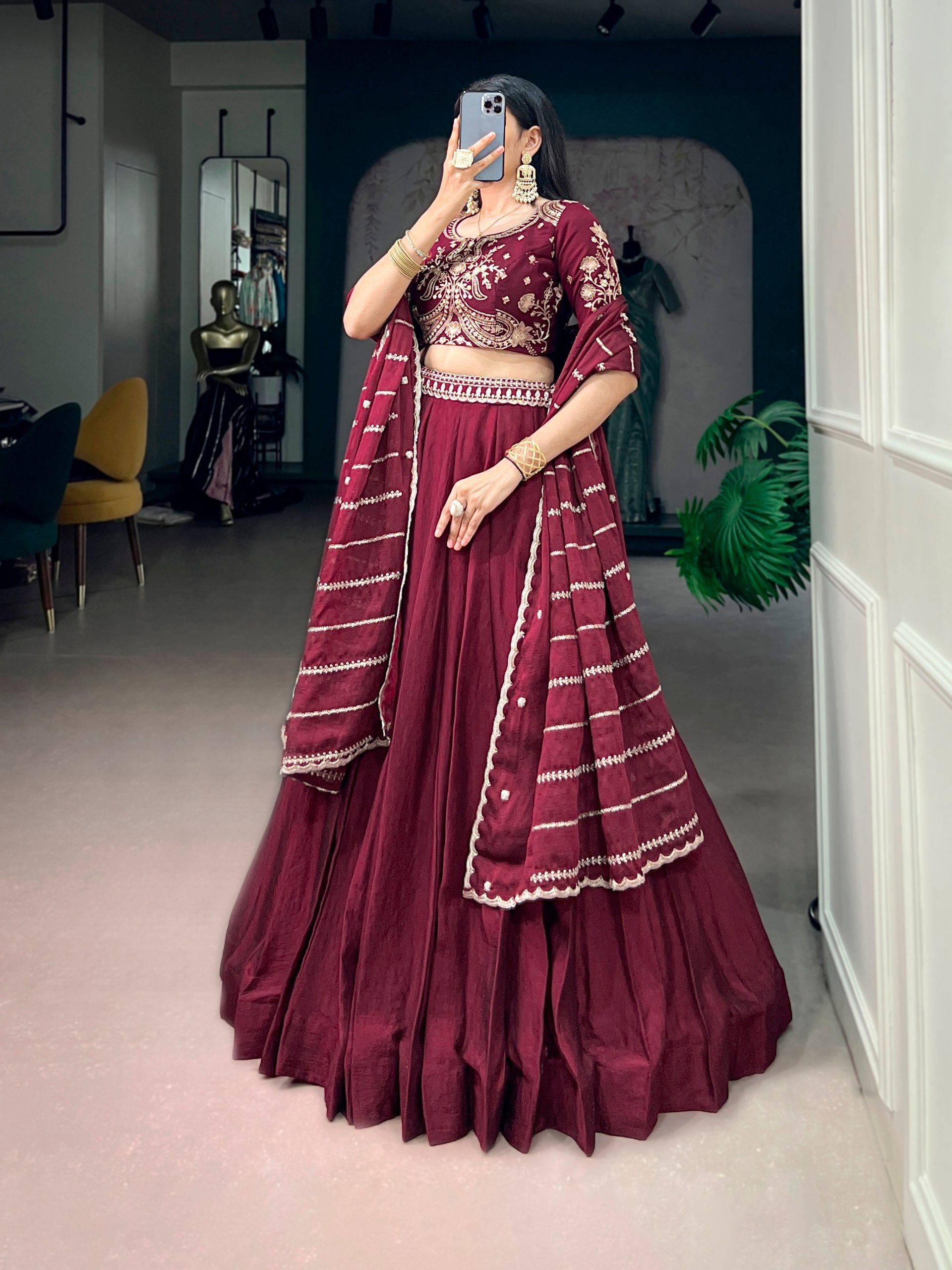 Maroon Wine Rangoli Crush Flared Lehenga Choli Set with Heavily Embroidered Sequins Waist Belt, Designer Blouse & Scalloped Striped Dupatta