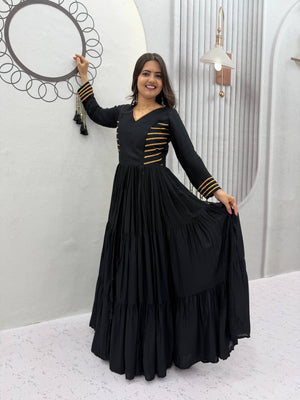 Jet Black Pure Cotton Navratri Special Tiered Anarkali Gown with Gota Work and Hanging Tassels by The Beauty Queen