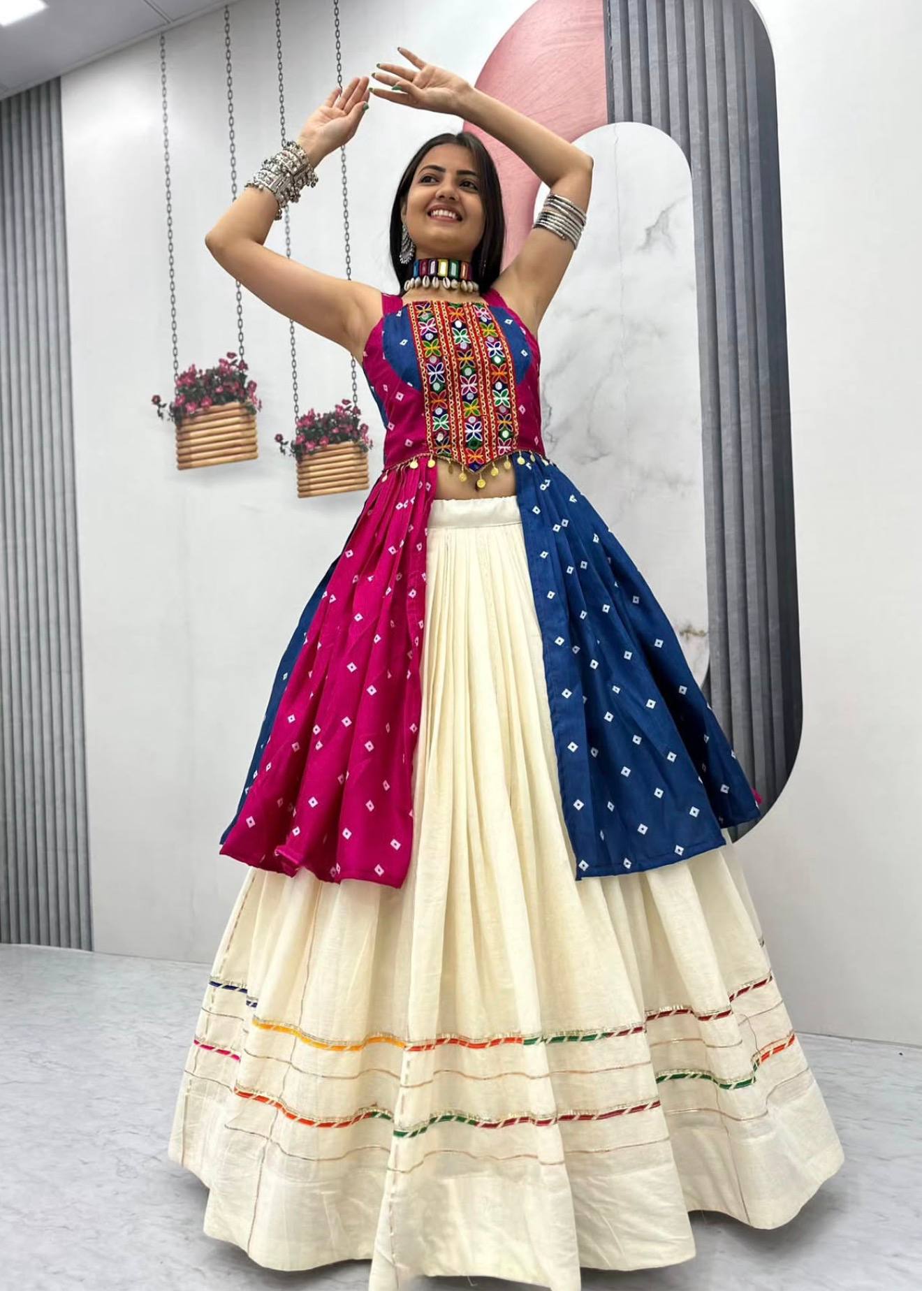 Off-White and Multi-Color Bandhej Print Gamthi and Real Mirror Work Navratri Lehenga Choli Set by The Beauty Queen