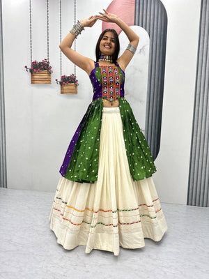Off-White and Green-Purple Bandhej Print Gamthi and Real Mirror Work Navratri Lehenga Choli Set by The Beauty Queen