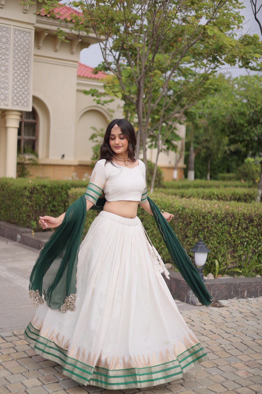 Off-White & Forest Green Viscose Jacquard Checks Half Saree Set with Zari Temple Weaving Work & Embroidered Dupatta