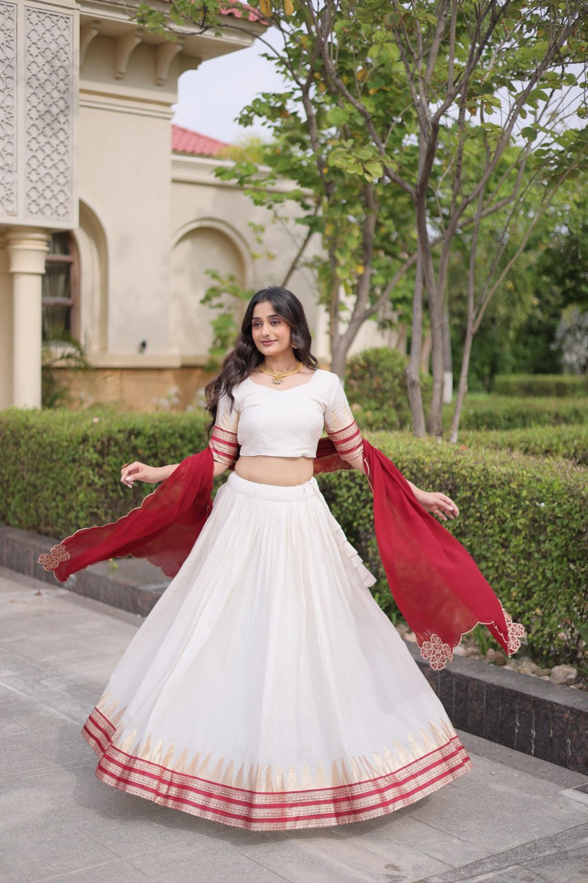 Off-White & Maroon Red Viscose Jacquard Checks Half Saree Set with Zari Temple Weaving Work & Embroidered Dupatta