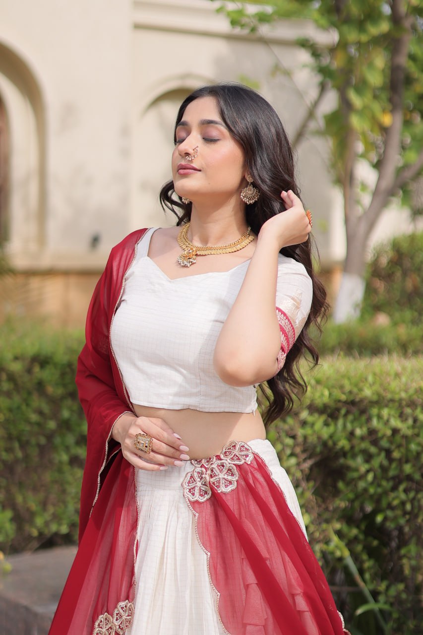 Off-White & Maroon Red Viscose Jacquard Checks Half Saree Set with Zari Temple Weaving Work & Embroidered Dupatta