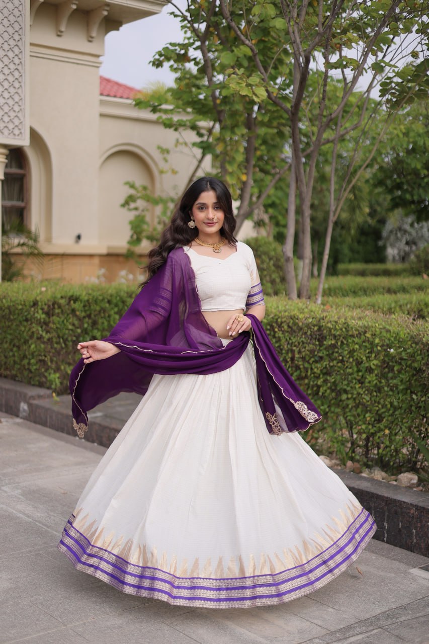 Off-White & Royal Purple Viscose Jacquard Checks Half Saree Set with Zari Temple Weaving Work & Embroidered Dupatta