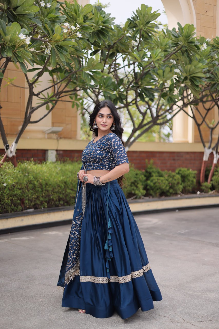 Teal Blue Glory Satin Embroidered Zari Sequins Lehenga Choli Set