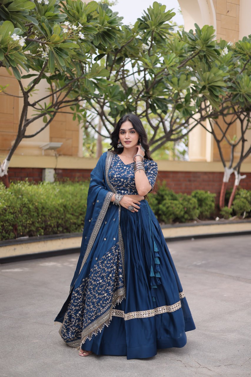 Teal Blue Glory Satin Embroidered Zari Sequins Lehenga Choli Set