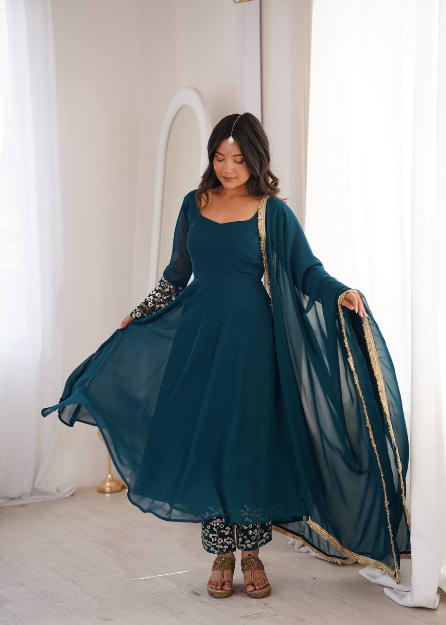 Teal Blue Georgette Anarkali Gown Suit Set with Sequin & Zari Floral Embroidered Sleeves, Matching Pants & Gota Lace Border Dupatta