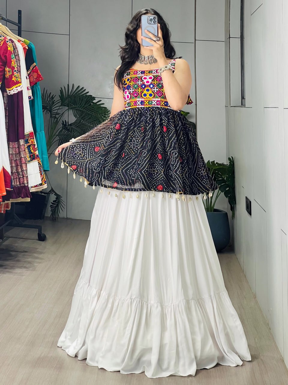 Black Bandhani printed Kutchi mirror embroidered peplum top with white pure rayon cotton plain frill pattern Navratri lehenga and micro cotton inner
