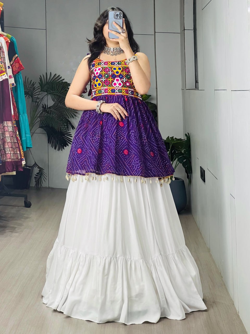 Purple Bandhani printed Kutchi mirror embroidered peplum top with white pure rayon cotton plain frill pattern Navratri lehenga and micro cotton inner
