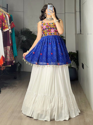 Royal blue Bandhani printed Kutchi mirror embroidered peplum top with white pure rayon cotton plain frill pattern Navratri lehenga and micro cotton inne