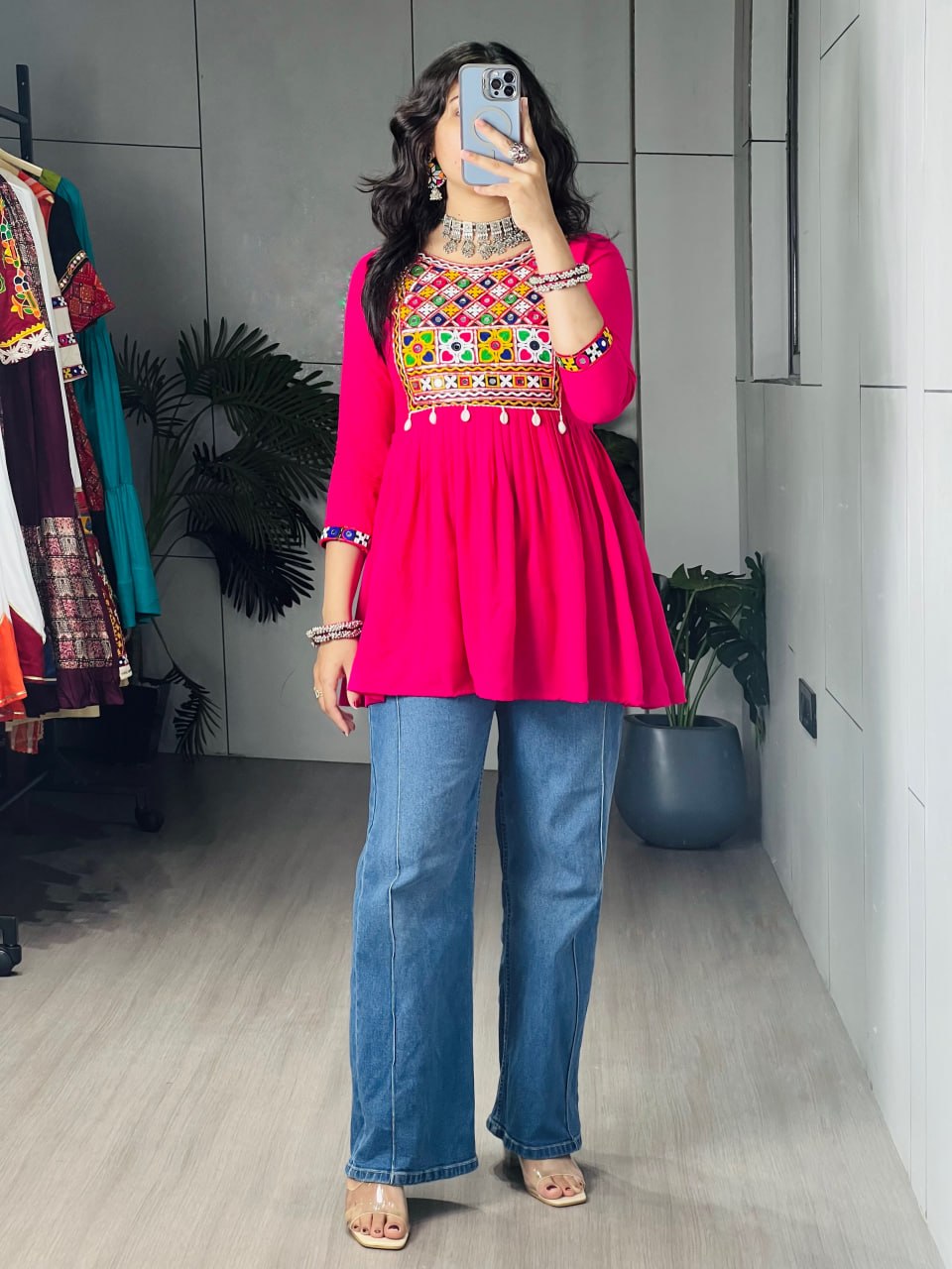 Rani pink pure rayon cotton Gamthi Kutchi embroidered short peplum kurti with real mirror work and cowrie shell lace border