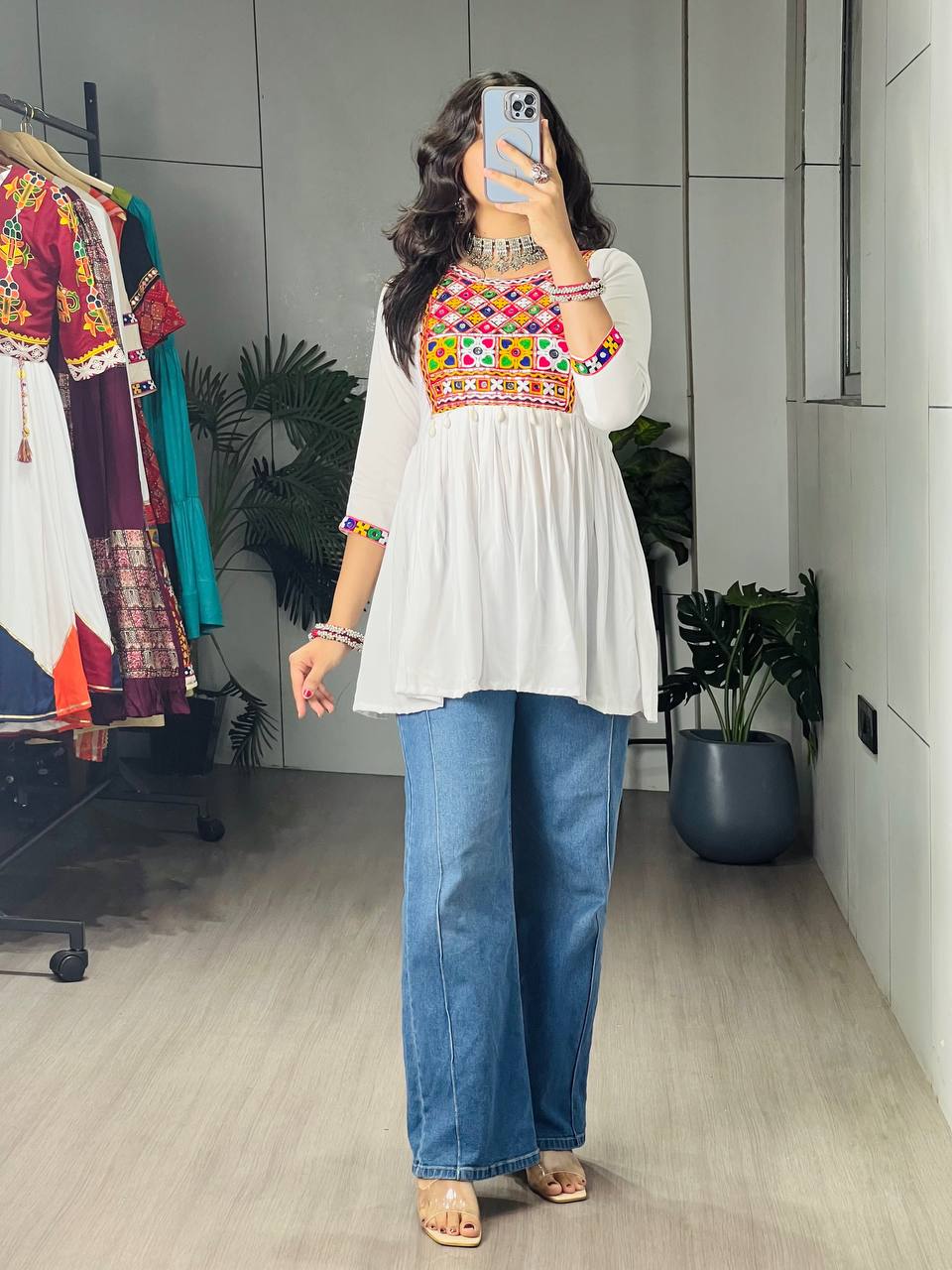 White pure rayon cotton Gamthi Kutchi embroidered short peplum kurti with real mirror work and cowrie shell lace border