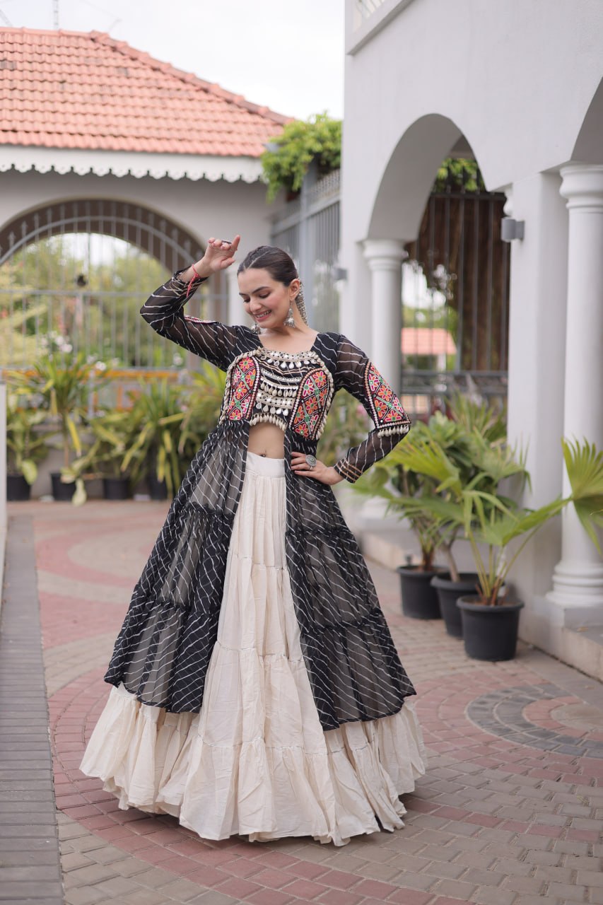 Navratri Off-White Kora Cotton Tiered Lehenga Choli Set with Black Leheriya Shrug