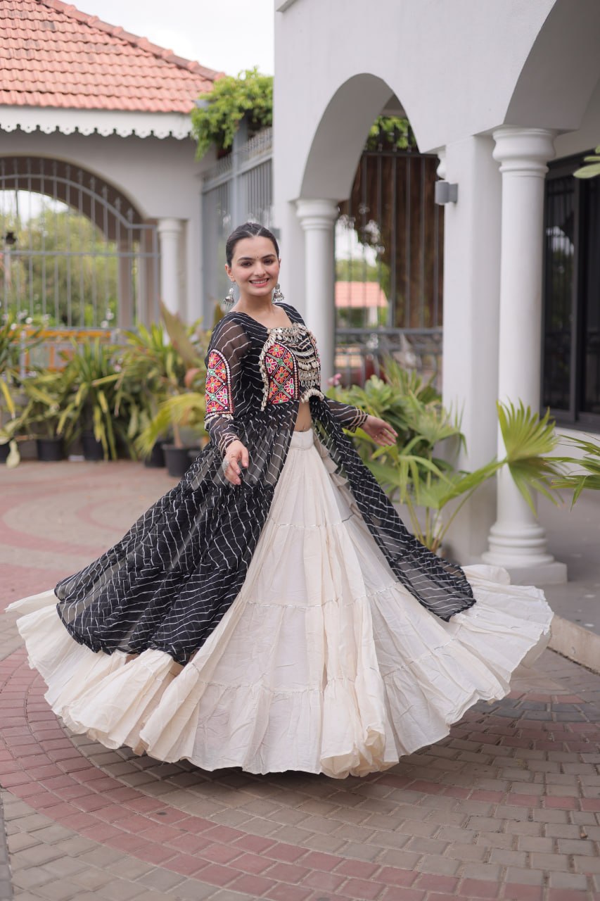 Navratri Off-White Kora Cotton Tiered Lehenga Choli Set with Black Leheriya Shrug