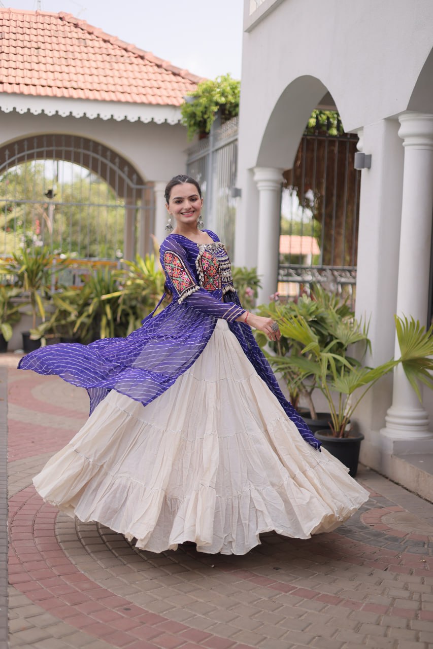 Navratri Off-White Kora Cotton Tiered Lehenga Choli Set with Blue Leheriya Shrug