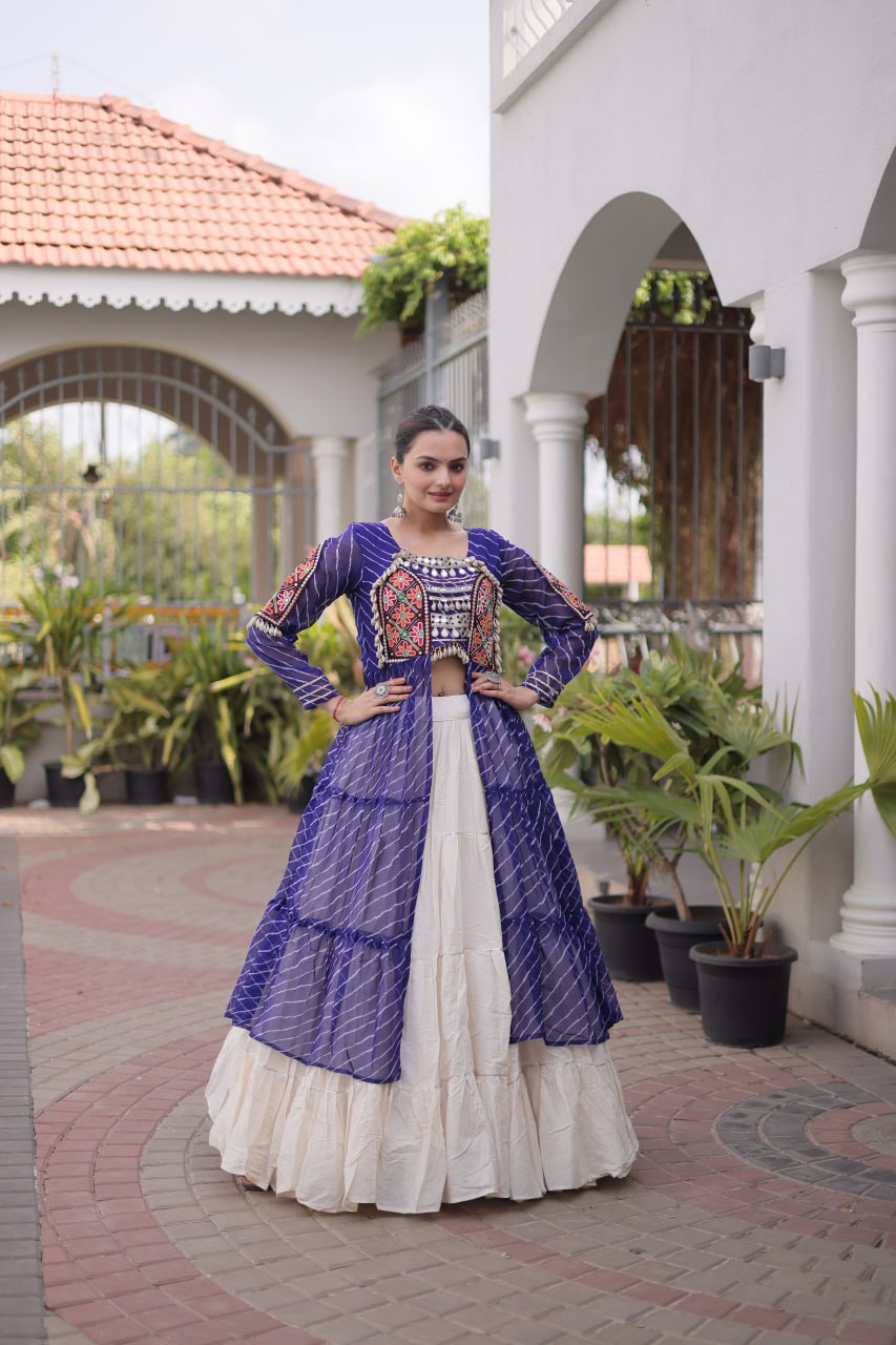 Navratri Off-White Kora Cotton Tiered Lehenga Choli Set with Blue Leheriya Shrug