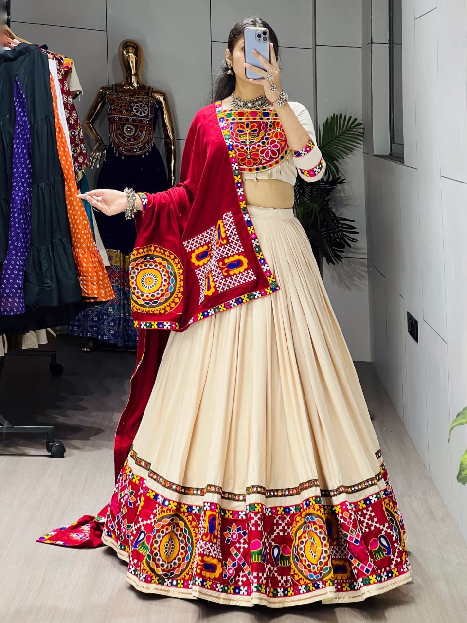 Cream and maroon pure rayon cotton Navratri lehenga choli with traditional Chakra Swastik Mor and Vaastu real mirror embroidery work and dupatta