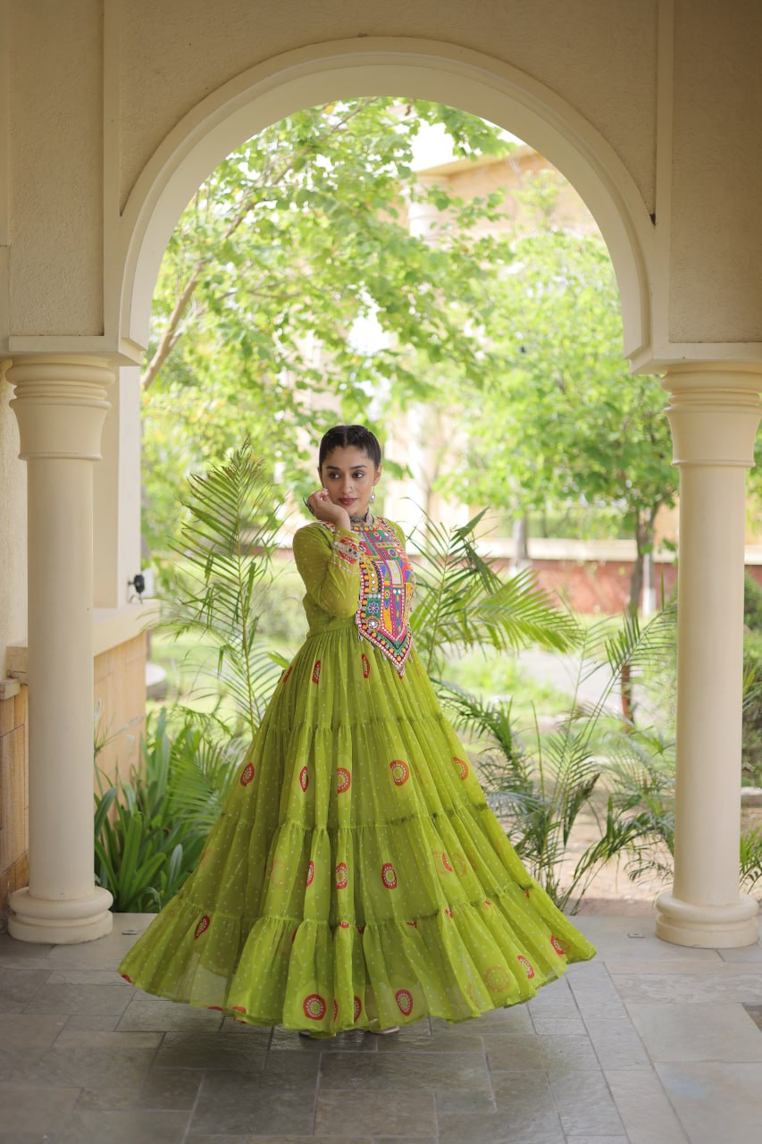 Navratri Lime Green Bandhani Georgette Flared Gown