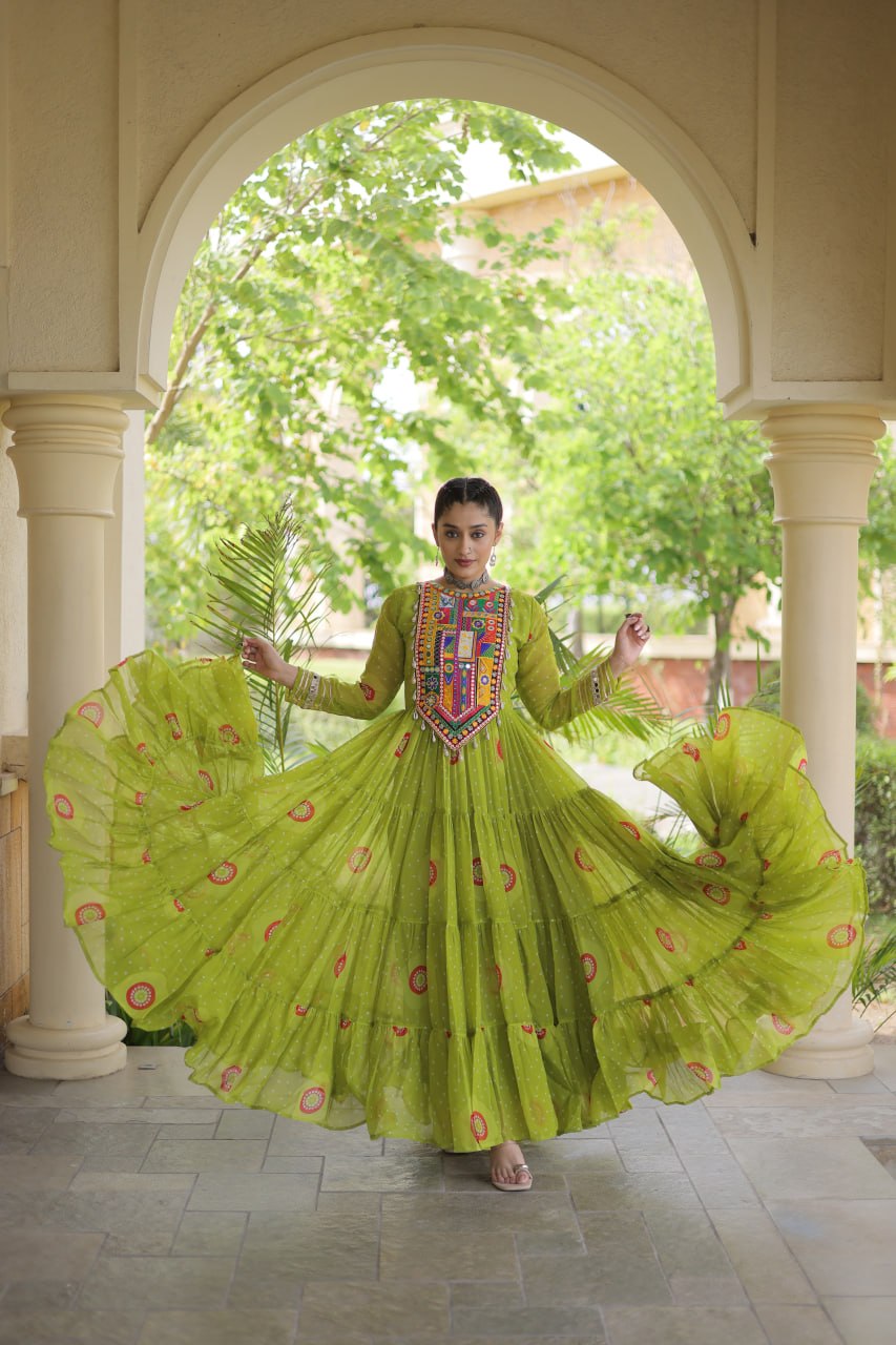 Navratri Lime Green Bandhani Georgette Flared Gown