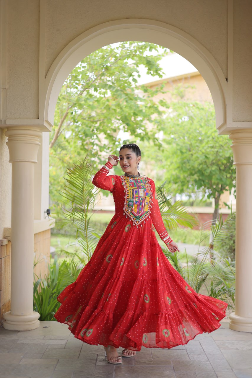 Navratri Red Bandhani Georgette Flared Gown