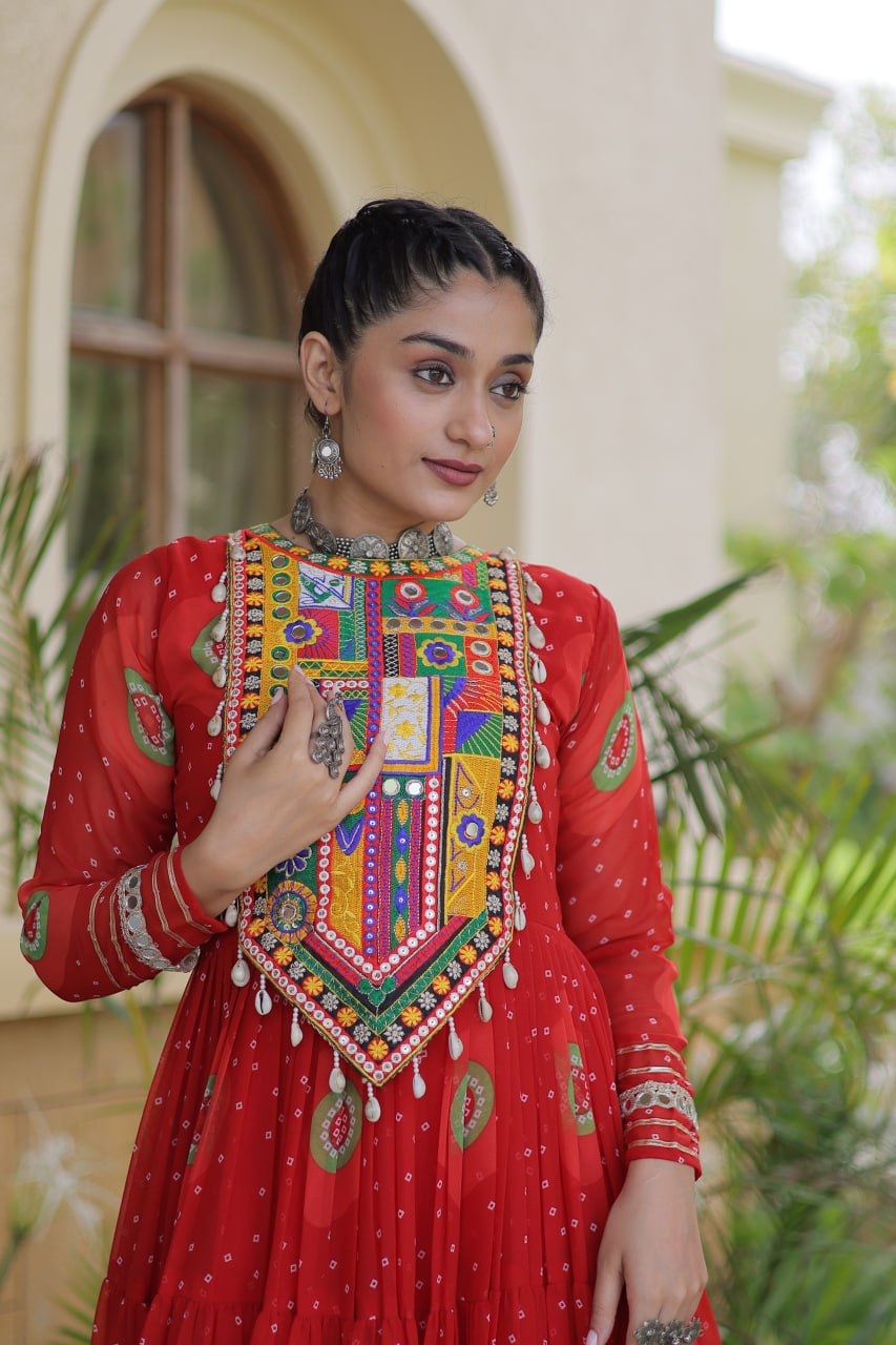 Navratri Red Bandhani Georgette Flared Gown