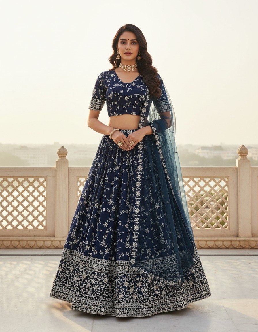 Midnight Navy Blue Georgette Flared Lehenga Choli Set with Rich Zari, Sequins & Floral Vine Embroidery, Elbow-Sleeve Designer Blouse & Border Detailing