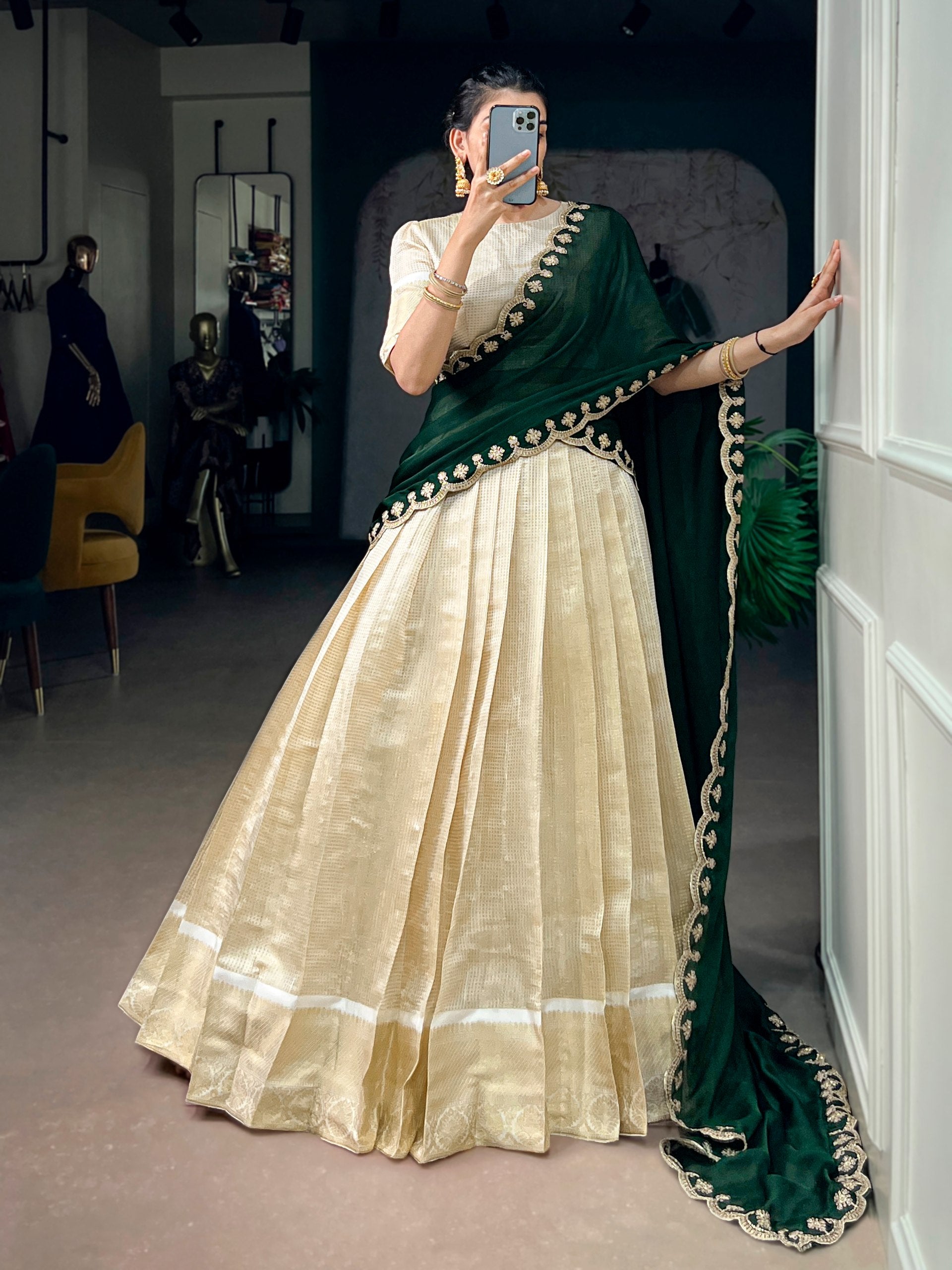 Off-White & Cream Jacquard Checks Silk Half Saree Lehenga Set with Rich Gold Zari Weaving Border, Puff Sleeve Blouse & Emerald Bottle Green Scalloped Embroidered Dupatta