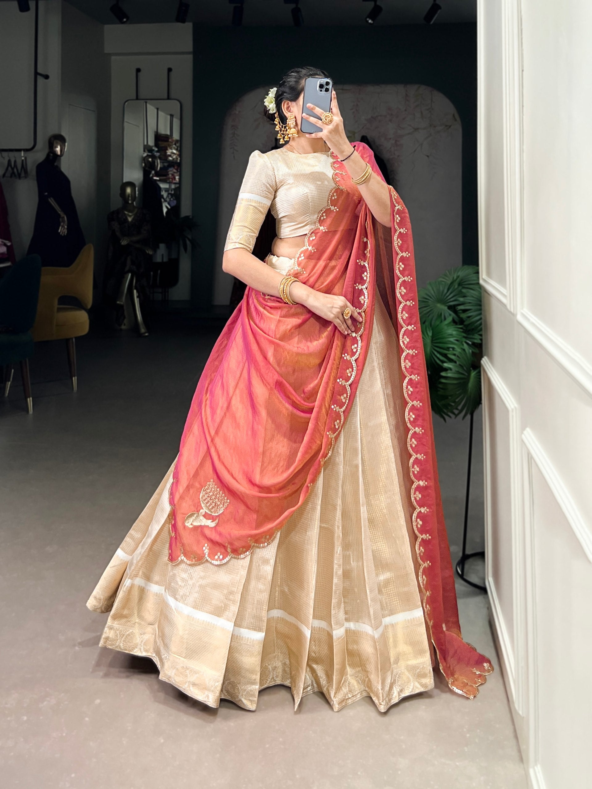 Off-White & Cream Jacquard Checks Silk Half Saree Lehenga Set with Rich Gold Zari Weaving Border, Puff Sleeve Blouse & Peach-Coral Scalloped Embroidered Dupatta