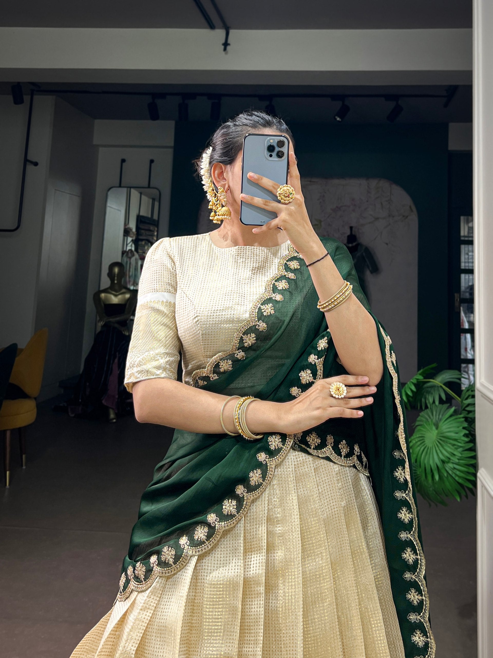 Off-White & Cream Jacquard Checks Silk Half Saree Lehenga Set with Rich Gold Zari Weaving Border, Puff Sleeve Blouse & Emerald Bottle Green Scalloped Embroidered Dupatta
