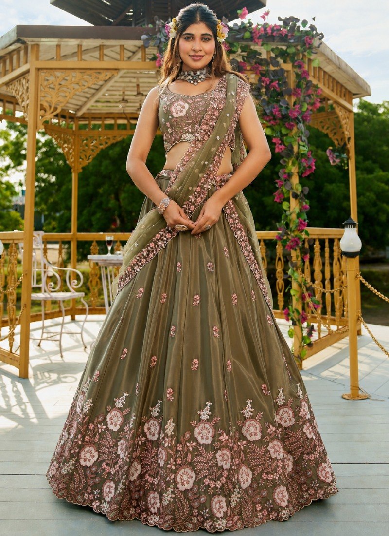 Olive Green French Crepe Flared Lehenga Choli Set with Dori, Zari & Sequins Floral Embroidery, Sleeveless Sweetheart Blouse & Scalloped Net Dupatta