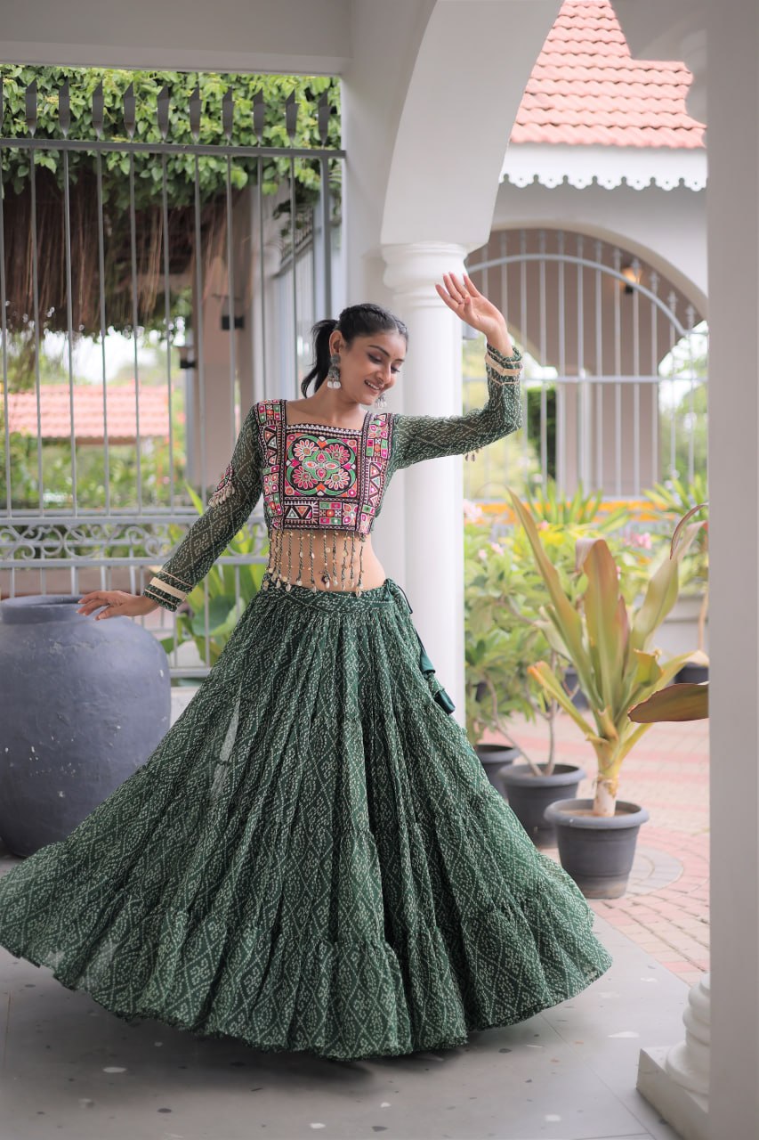 Navratri Green Bandhani Georgette Tiered Lehenga Choli Set