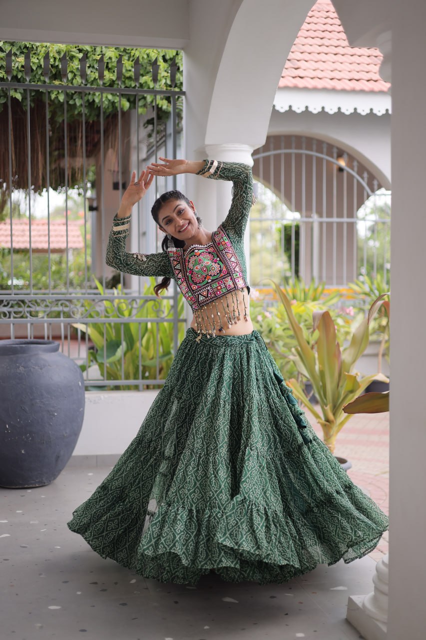 Navratri Green Bandhani Georgette Tiered Lehenga Choli Set