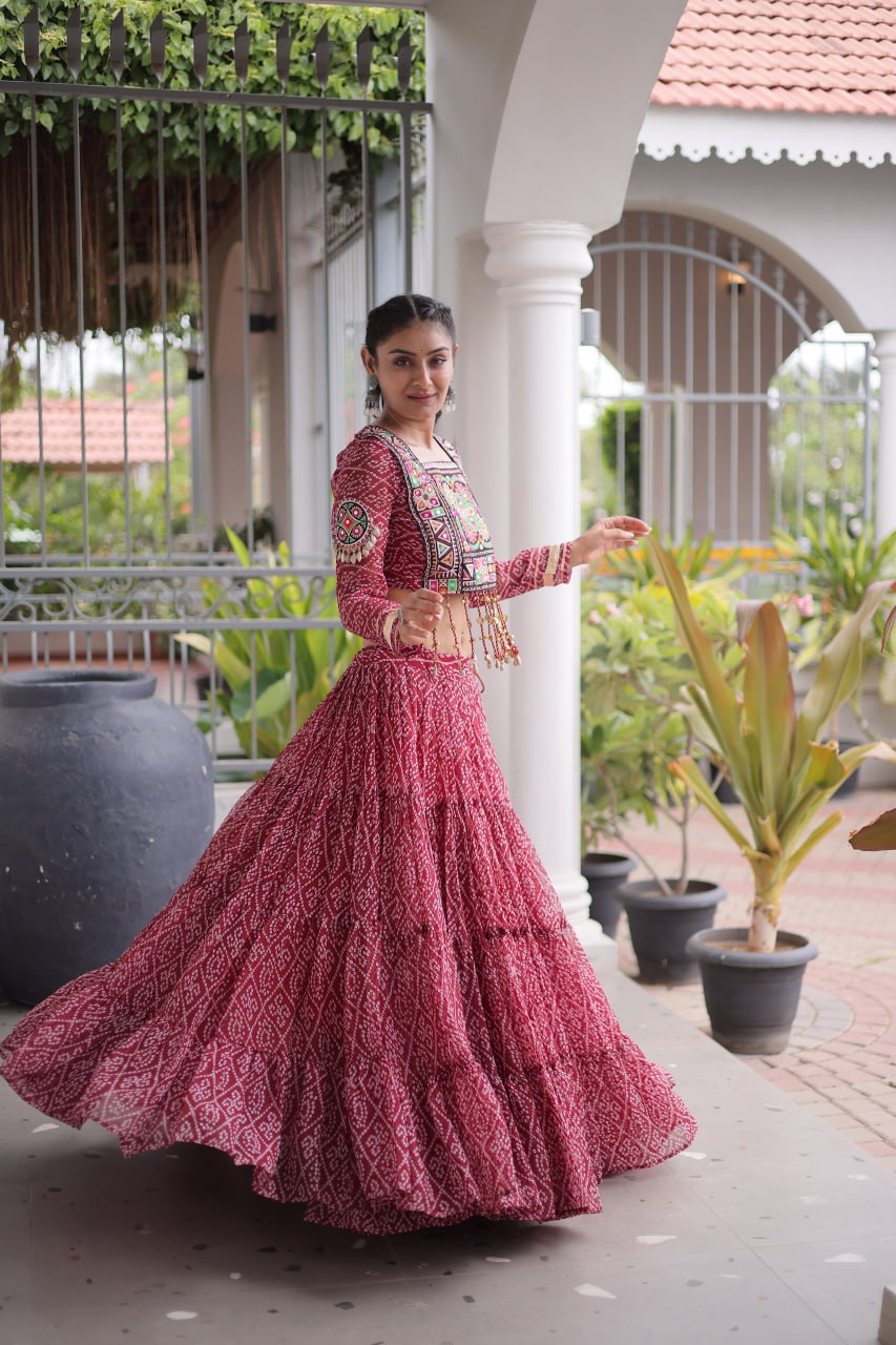 Navratri Maroon Bandhani Georgette Tiered Lehenga Choli Set