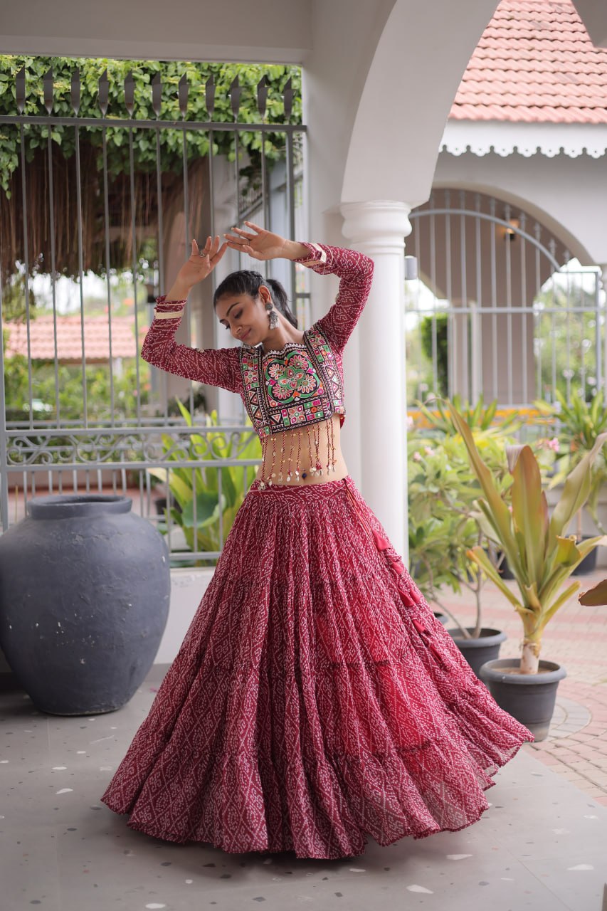 Navratri Maroon Bandhani Georgette Tiered Lehenga Choli Set