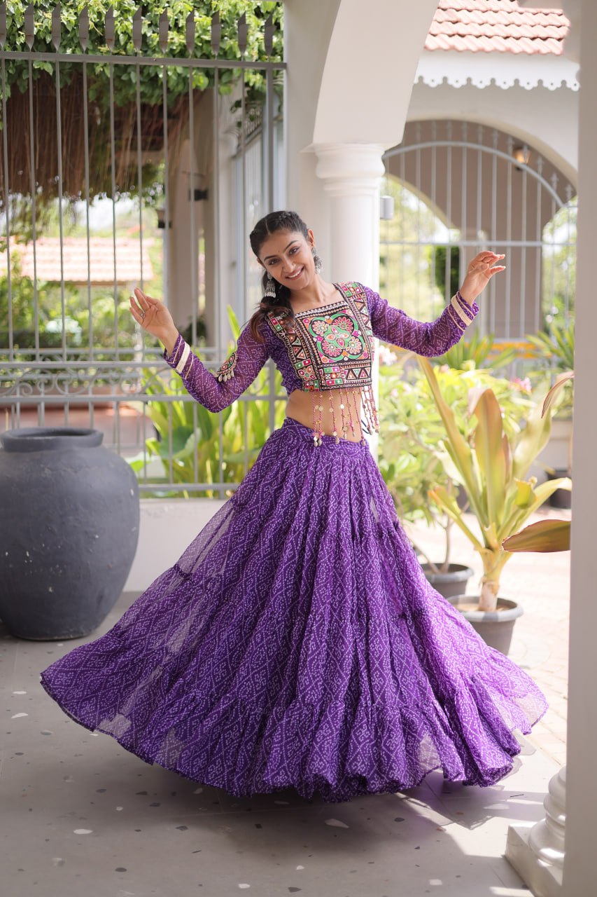 Navratri Purple Bandhani Georgette Tiered Lehenga Choli Set