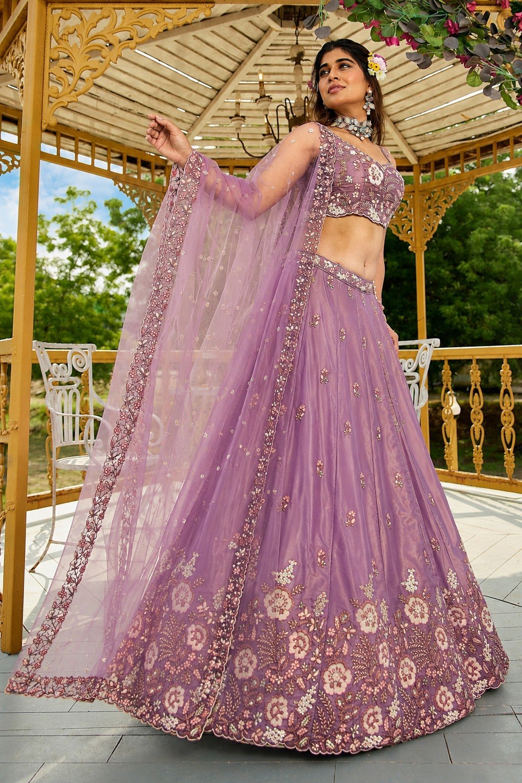 Lilac Lavender French Crepe Flared Lehenga Choli Set with Dori, Zari & Sequins Floral Embroidery, Sleeveless Sweetheart Blouse & Scalloped Net Dupatta