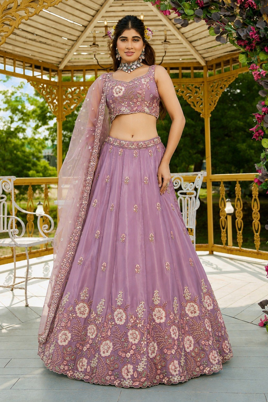 Lilac Lavender French Crepe Flared Lehenga Choli Set with Dori, Zari & Sequins Floral Embroidery, Sleeveless Sweetheart Blouse & Scalloped Net Dupatta