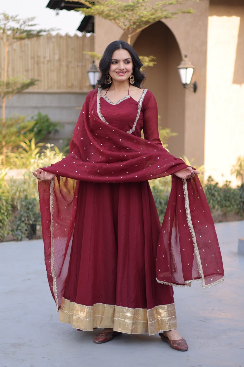 Maroon Red Silver Crunchy Georgette Anarkali Suit with Mirror Lace Work & Dupatta