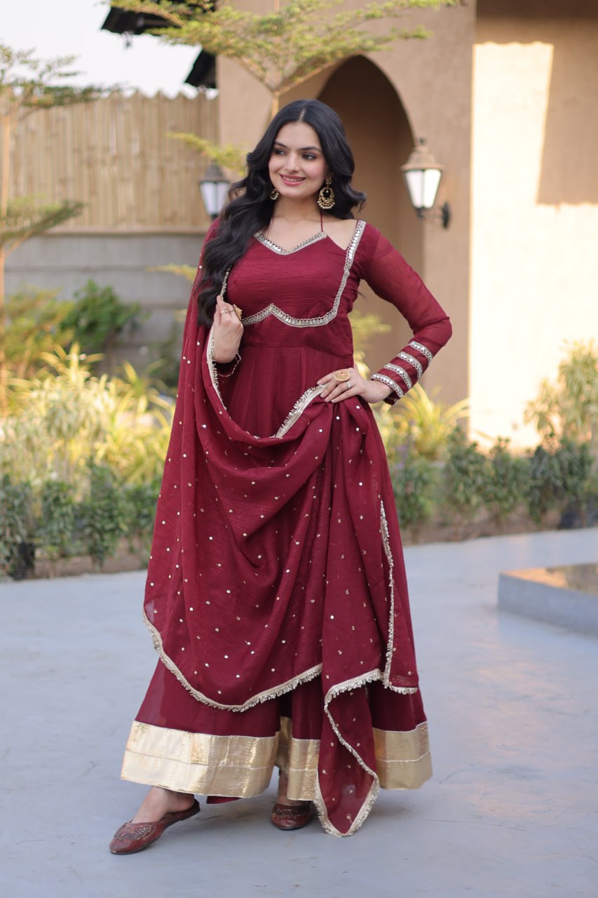 Maroon Red Silver Crunchy Georgette Anarkali Suit with Mirror Lace Work & Dupatta