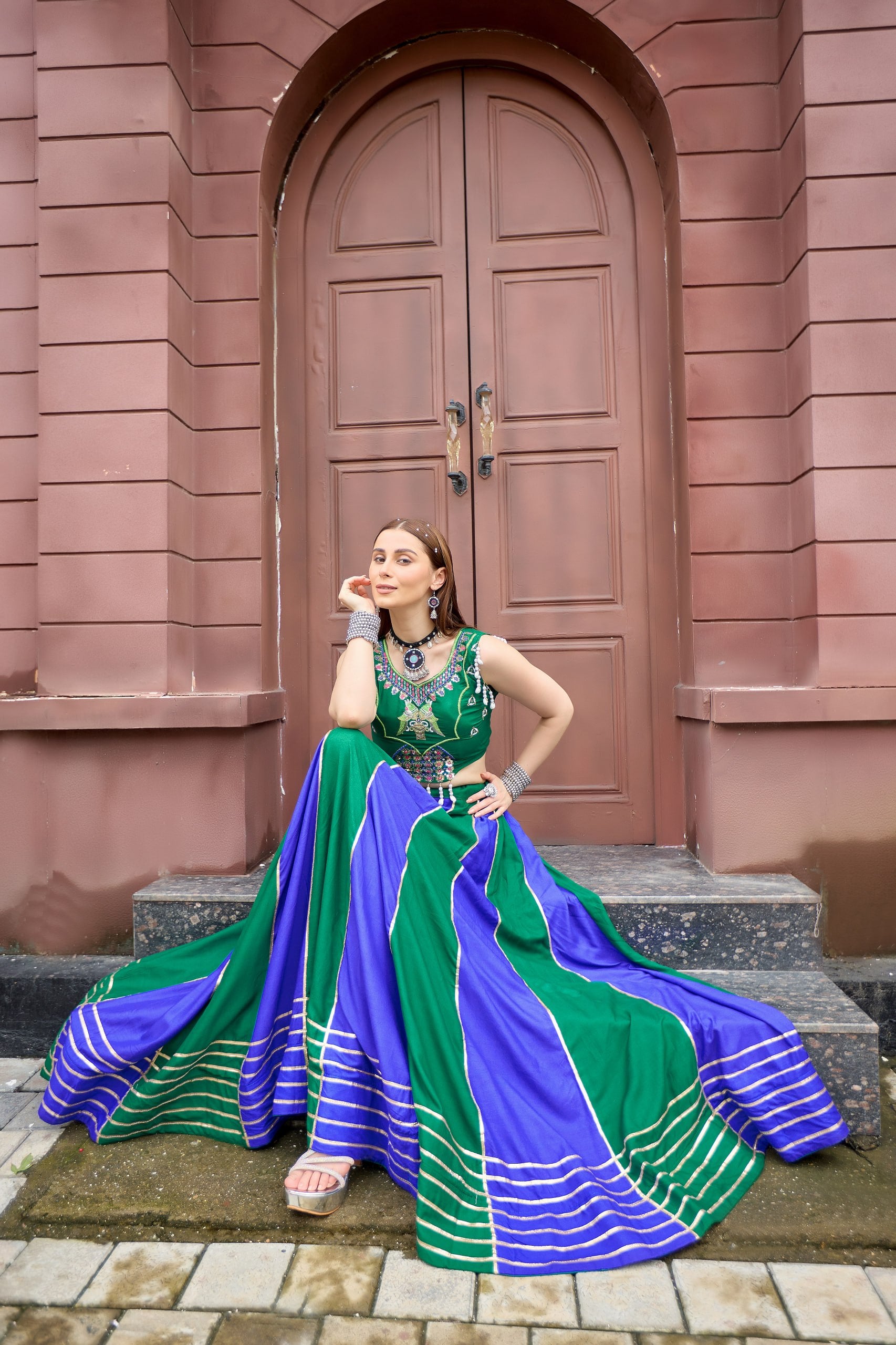 Emerald Green & Royal Blue Pure Cotton Multi-Panel Heavy Lace Work Navratri Lehenga Choli Set