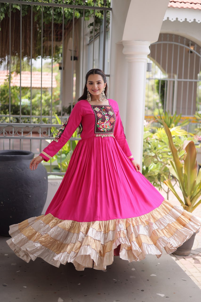 Navratri Rani Pink Heavy 14 Kg Rayon Flared Anarkali Gown with Kutchi Gamthi Thread Work & Metallic Tiered Ruffle Border